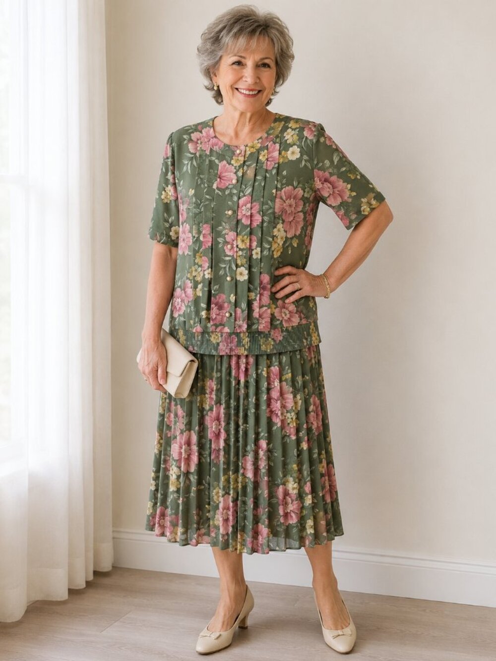Vintage Alfred Dunner 2 Pc Floral Skirt Set Women's 14 Green Pink Midi Church